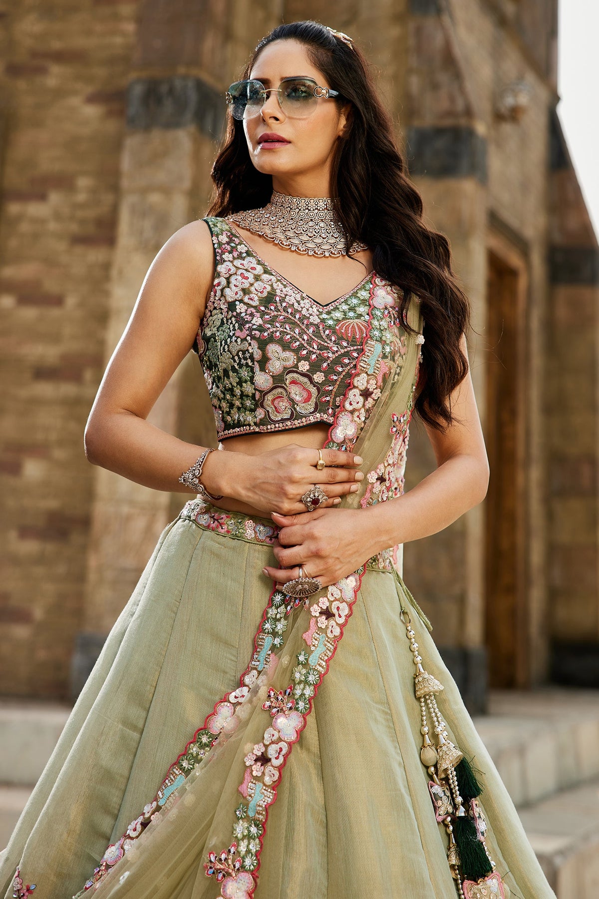 Green Net Designer Floral Embroidery and Sequin Worked Flared Lehenga - red net saree embroidery