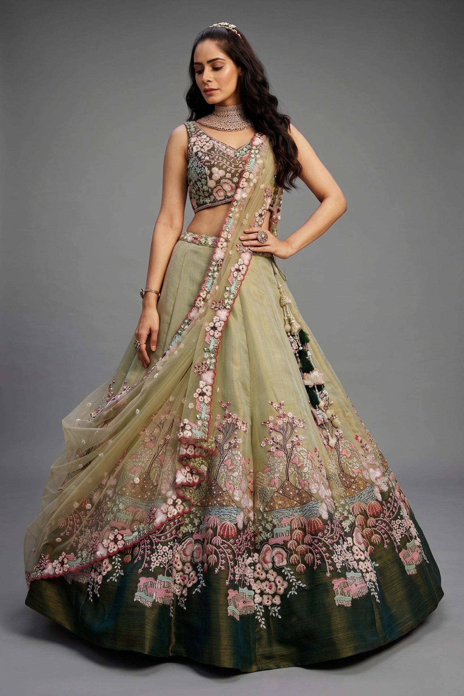 Green Net Designer Floral Embroidery and Sequin Worked Flared Lehenga - red net saree embroidery Main image