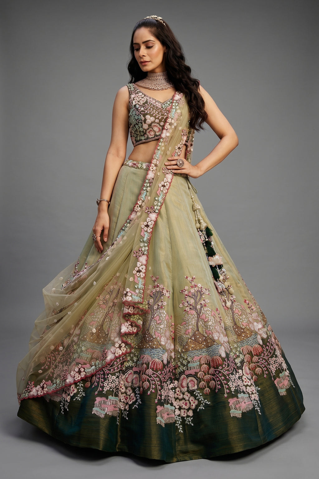 Green Net Designer Floral Embroidery and Sequin Worked Flared Lehenga - red net saree embroidery