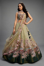 Green Net Designer Floral Embroidery and Sequin Worked Flared Lehenga - red net saree embroidery