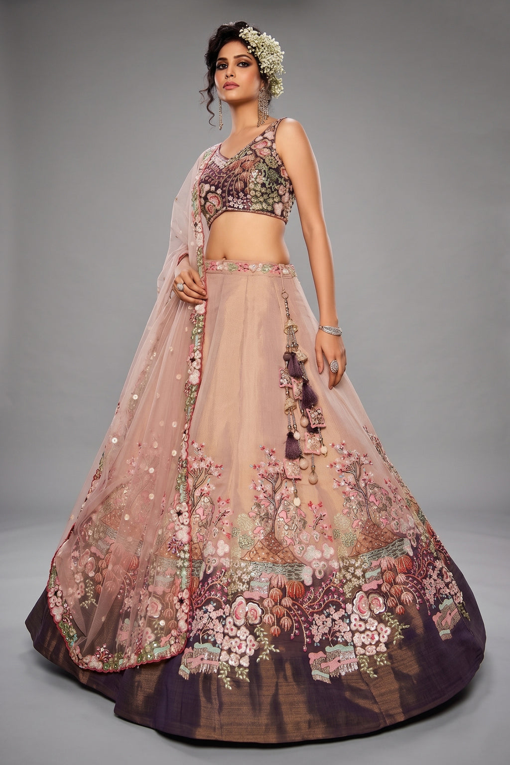 Faded Peach Net Designer Floral Embroidery and Sequin Work Lehenga with Contrast Border - peach net saree embroidery