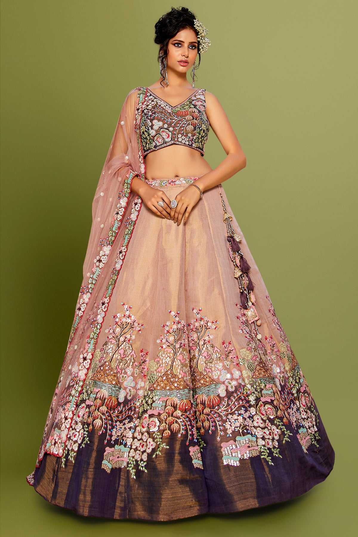 Faded Peach Net Designer Floral Embroidery and Sequin Work Lehenga with Contrast Border - peach net saree embroidery