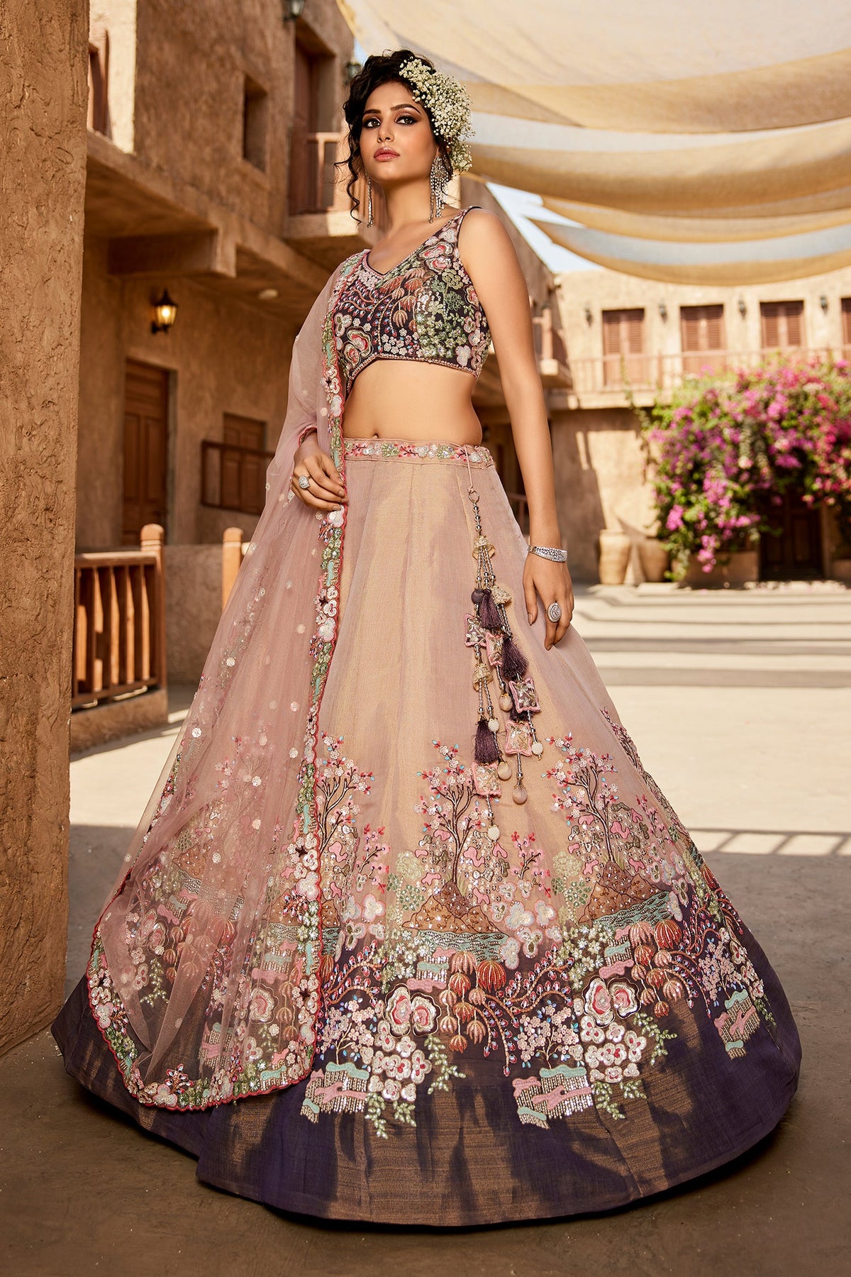 Faded Peach Net Designer Floral Embroidery and Sequin Work Lehenga with Contrast Border - peach net saree embroidery