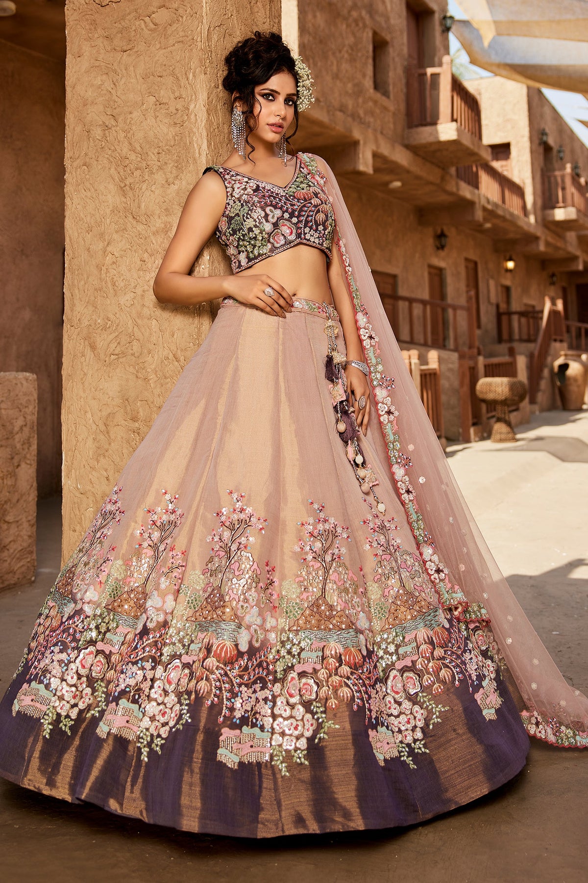 Faded Peach Net Designer Floral Embroidery and Sequin Work Lehenga with Contrast Border - peach net saree embroidery