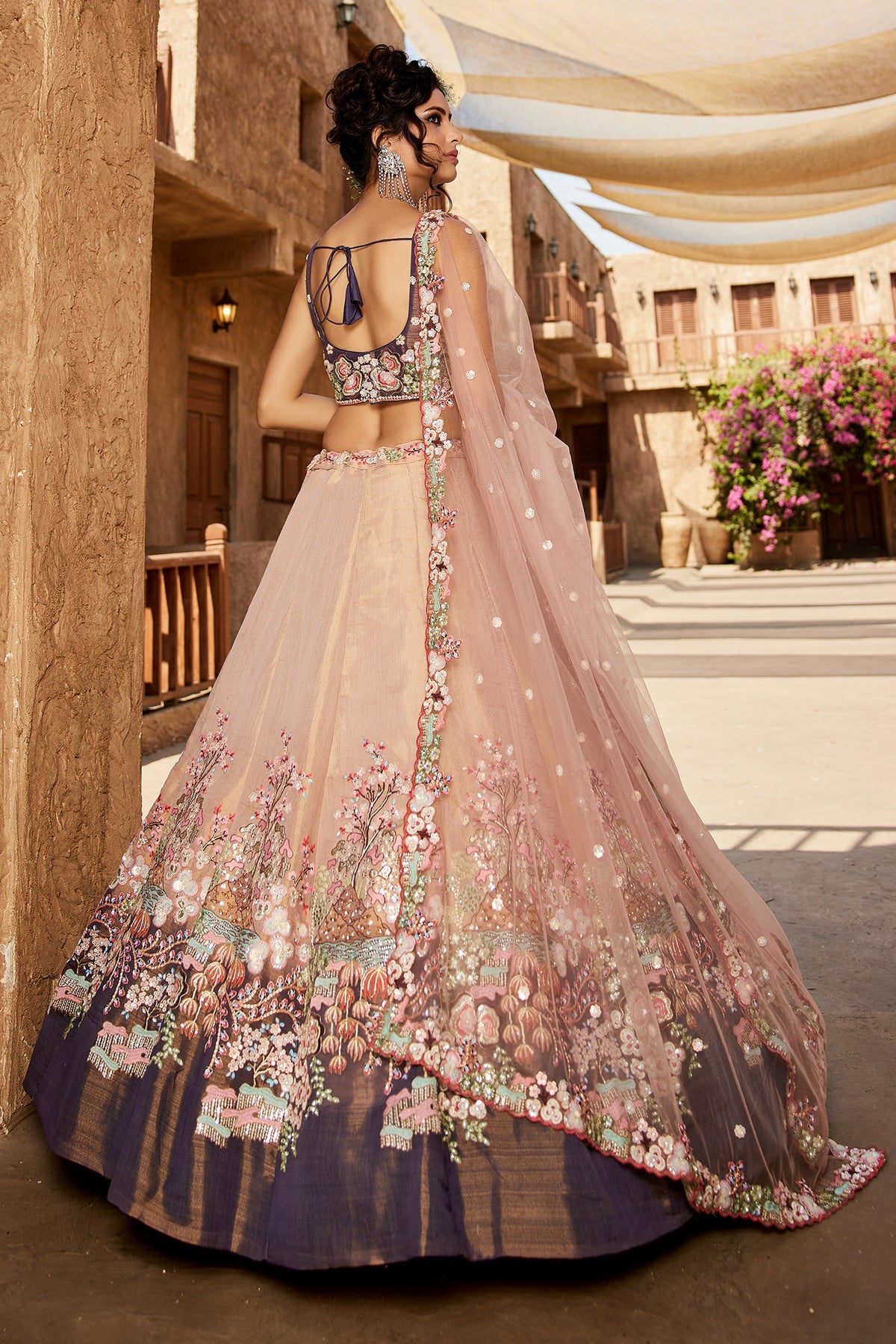 Faded Peach Net Designer Floral Embroidery and Sequin Work Lehenga with Contrast Border - peach net saree embroidery