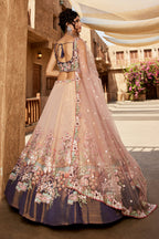 Faded Peach Net Designer Floral Embroidery and Sequin Work Lehenga with Contrast Border - peach net saree embroidery