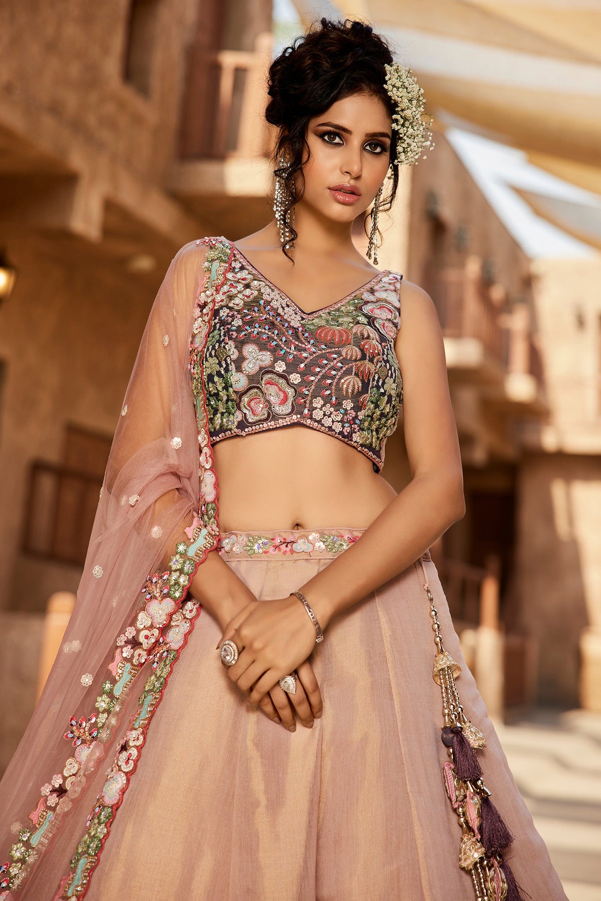 Faded Peach Net Designer Floral Embroidery and Sequin Work Lehenga with Contrast Border - peach net saree embroidery