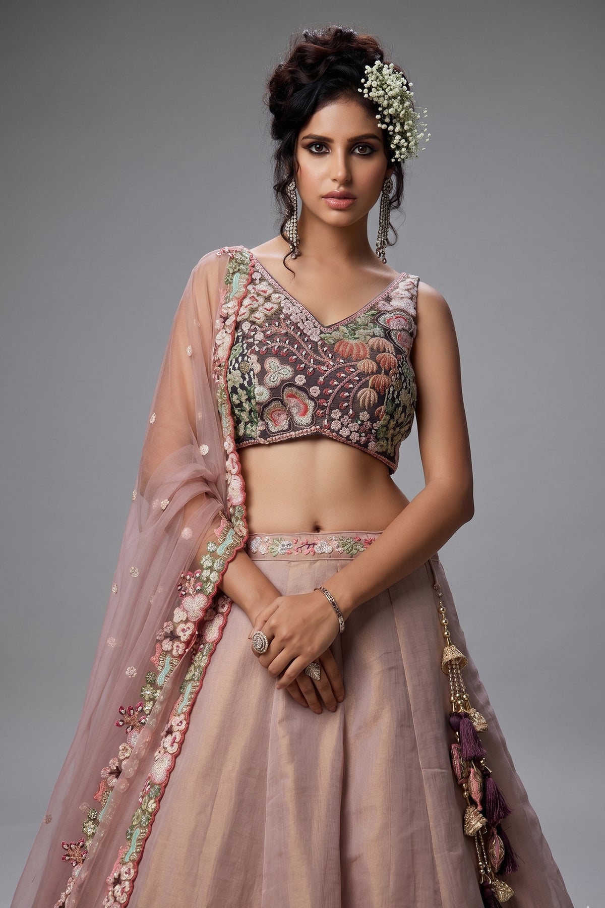 Faded Peach Net Designer Floral Embroidery and Sequin Work Lehenga with Contrast Border - peach net saree embroidery