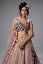 Faded Peach Net Designer Floral Embroidery and Sequin Work Lehenga with Contrast Border - peach net saree embroidery