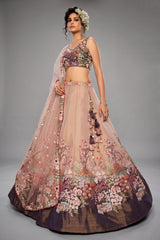 Faded Peach Net Designer Floral Embroidery and Sequin Work Lehenga with Contrast Border