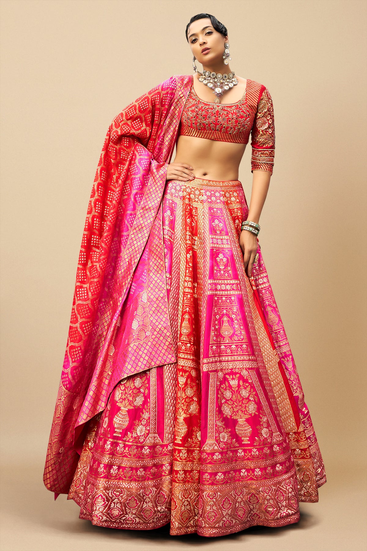 Pink and Orange Silk Traditional Woven Lehenga with Bandhej Dupatta