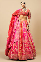 Pink and Orange Silk Traditional Woven Lehenga with Bandhej Dupatta