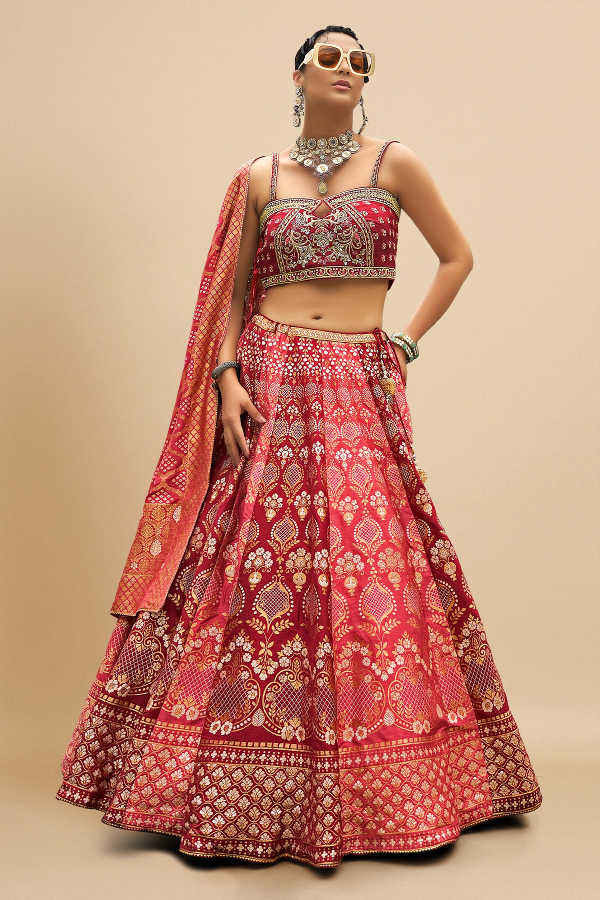 Pink and Maroon Ombre Silk Traditional Woven Lehenga with Bandhej Dupatta