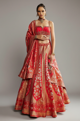 Red Silk Floral and Chevron Woven Lehenga