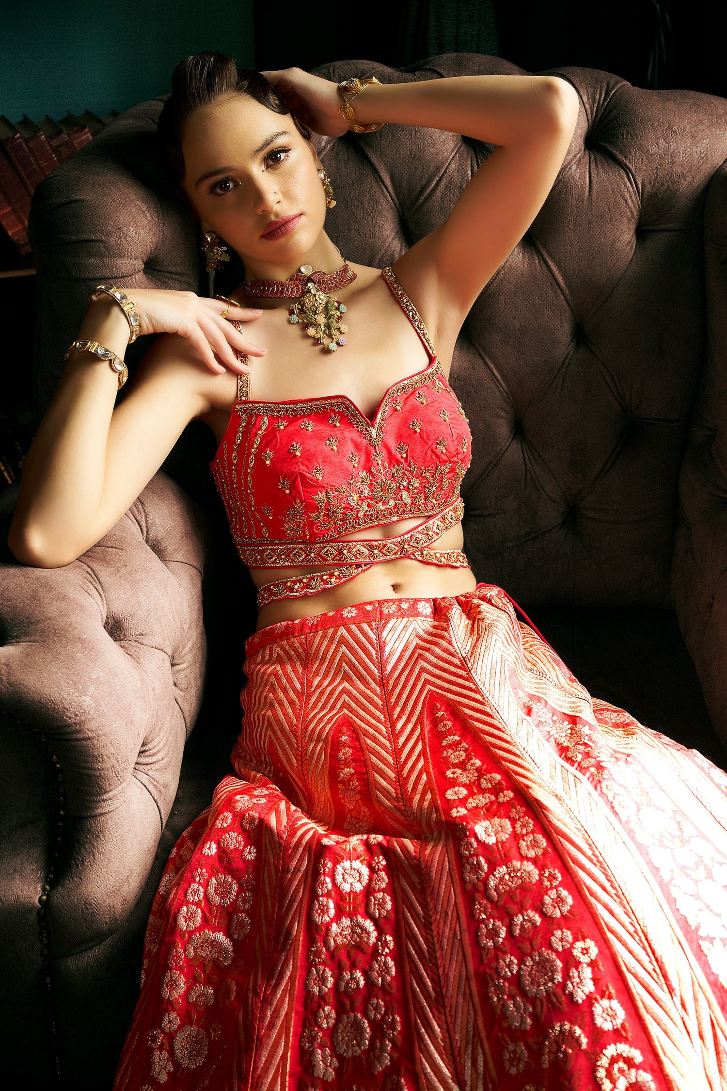 Red Silk Floral and Chevron Woven Lehenga