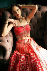 Red Silk Floral and Chevron Woven Lehenga