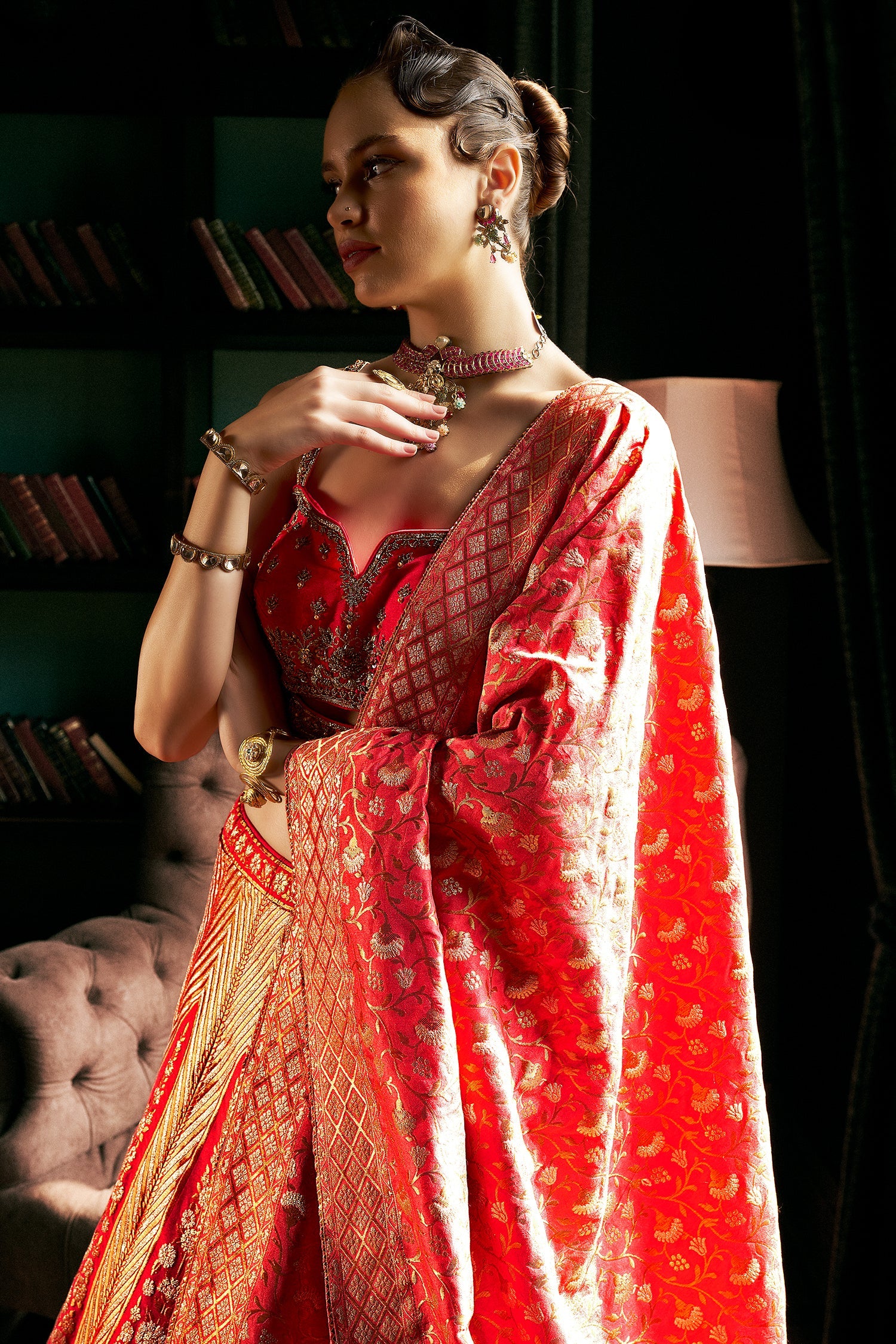 Red Silk Floral and Chevron Woven Lehenga