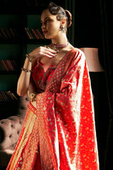 Red Silk Floral and Chevron Woven Lehenga