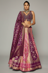 Wine Purple Silk Floral and Chevron Design Woven Lehenga