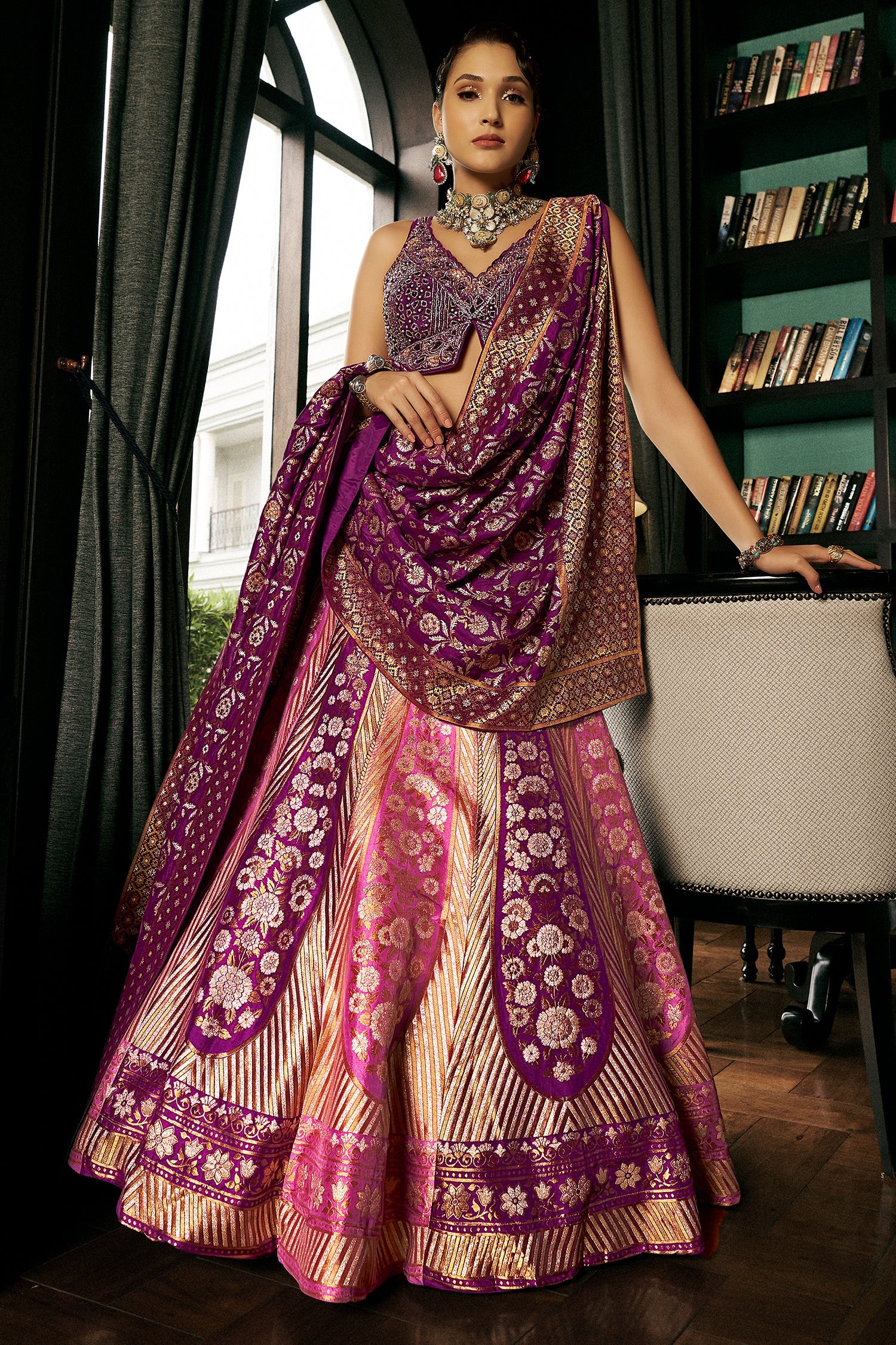 Wine Purple Silk Floral and Chevron Design Woven Lehenga