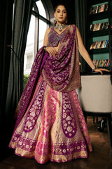 Wine Purple Silk Floral and Chevron Design Woven Lehenga