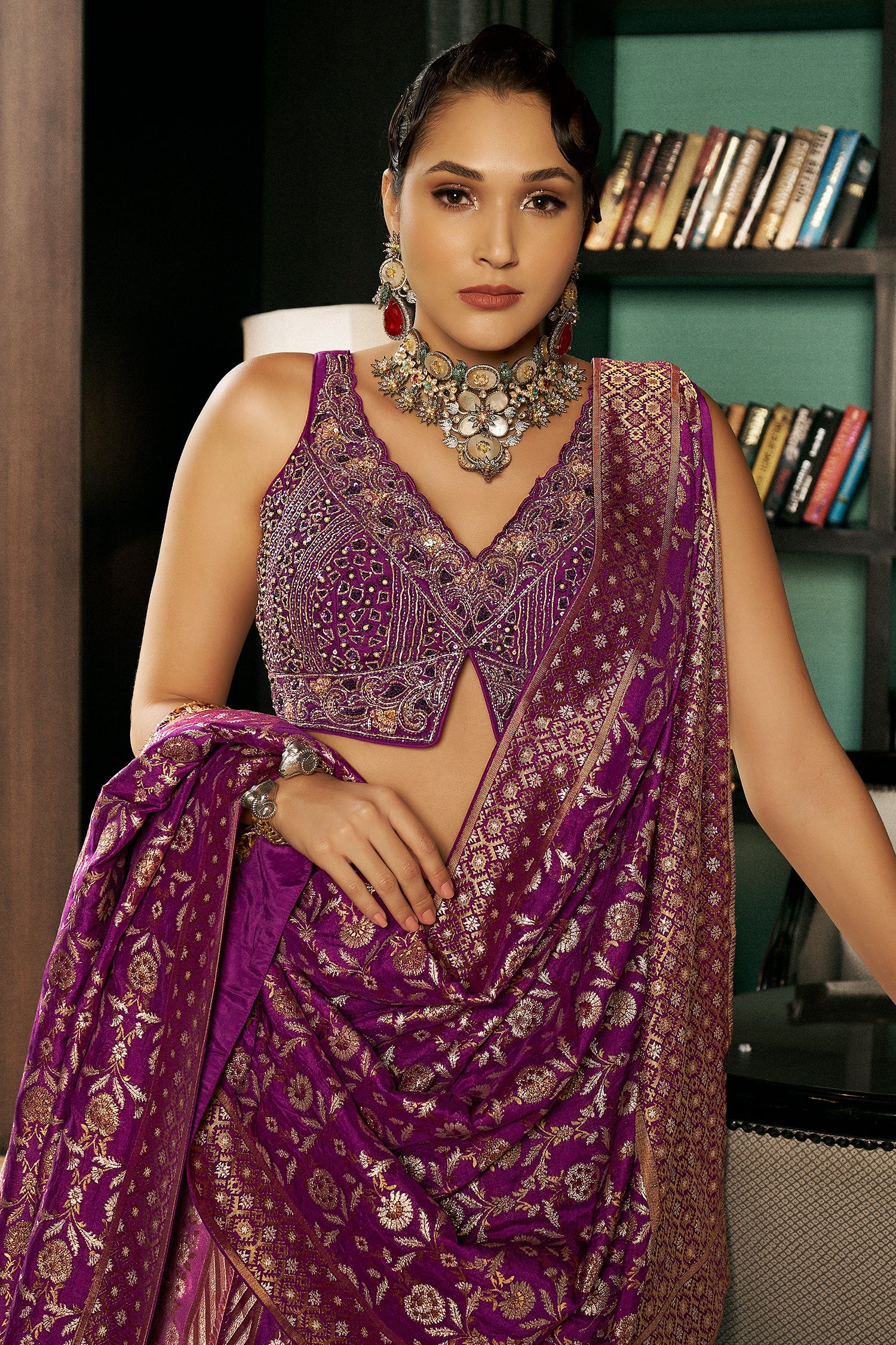 Wine Purple Silk Floral and Chevron Design Woven Lehenga