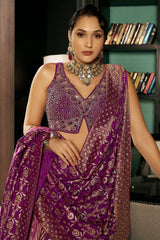 Wine Purple Silk Floral and Chevron Design Woven Lehenga