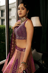 Wine Purple Silk Floral and Chevron Design Woven Lehenga