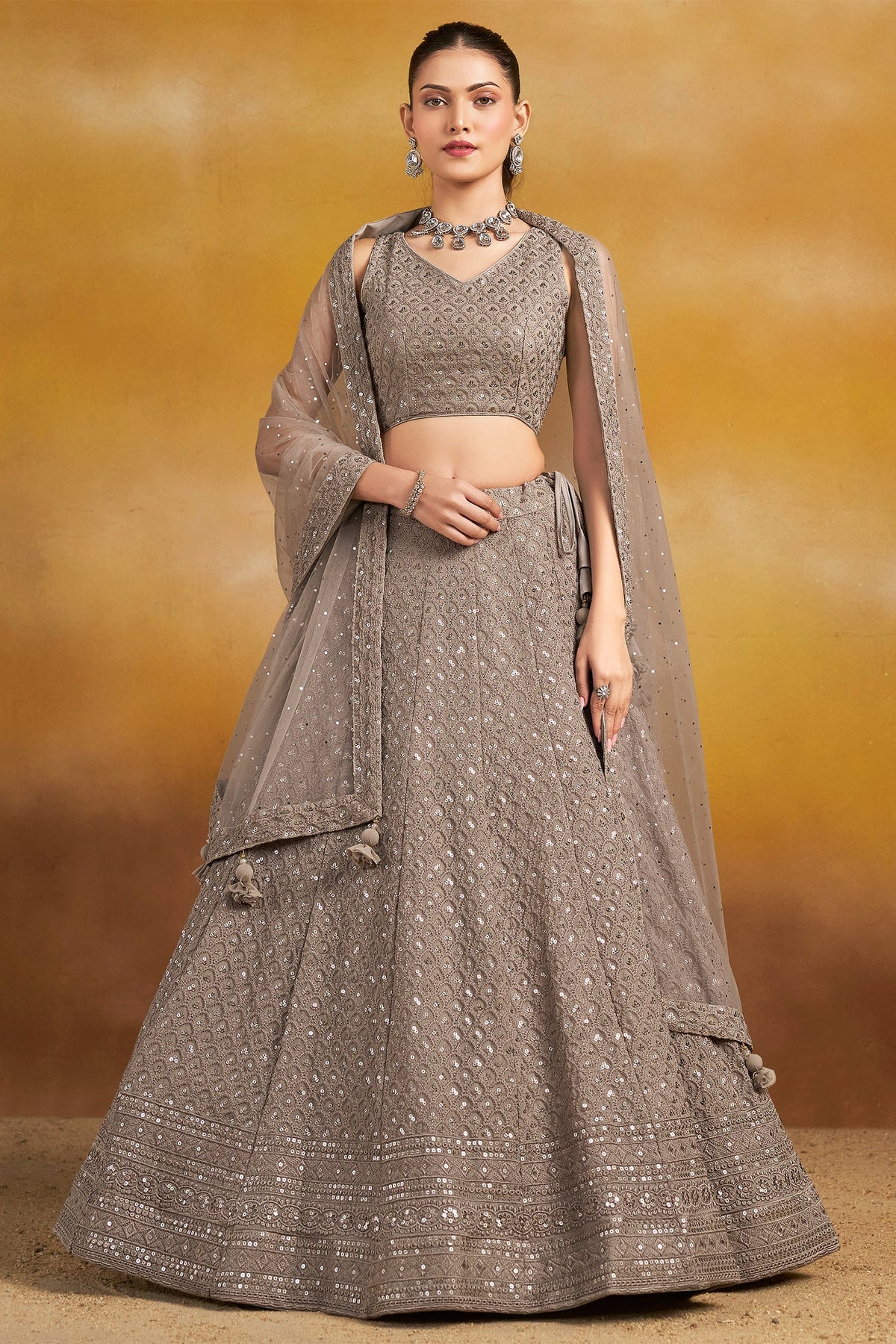 Grey Georgette Embroidered and Sequin Lehenga