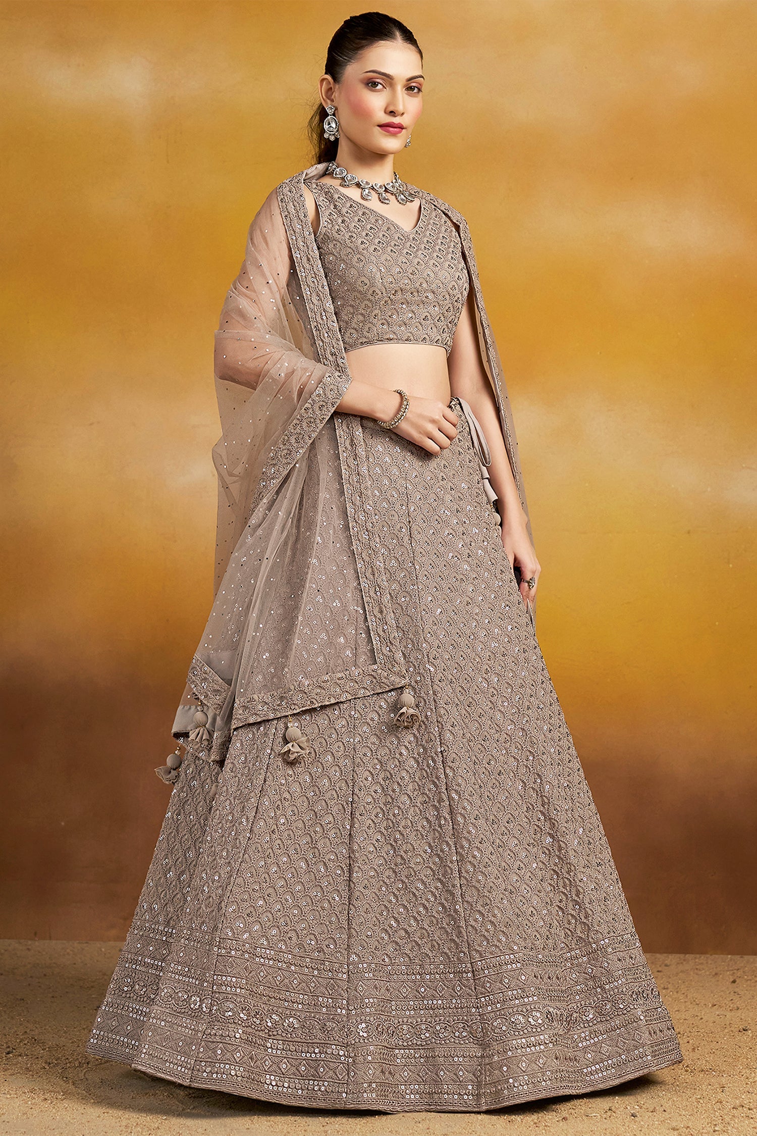 Grey Georgette Embroidered and Sequin Lehenga