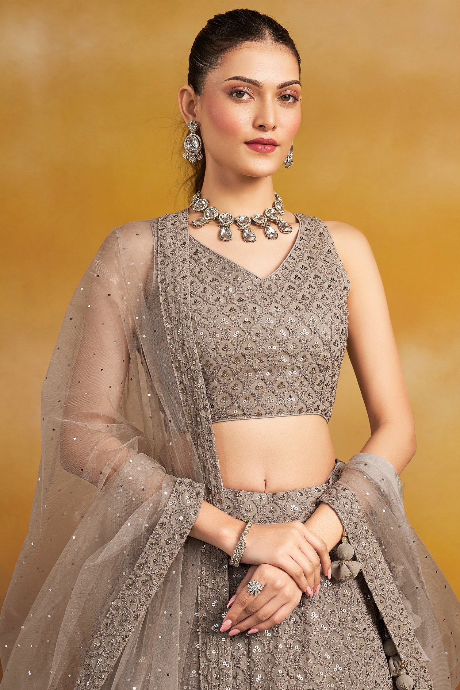 Grey Georgette Embroidered and Sequin Lehenga