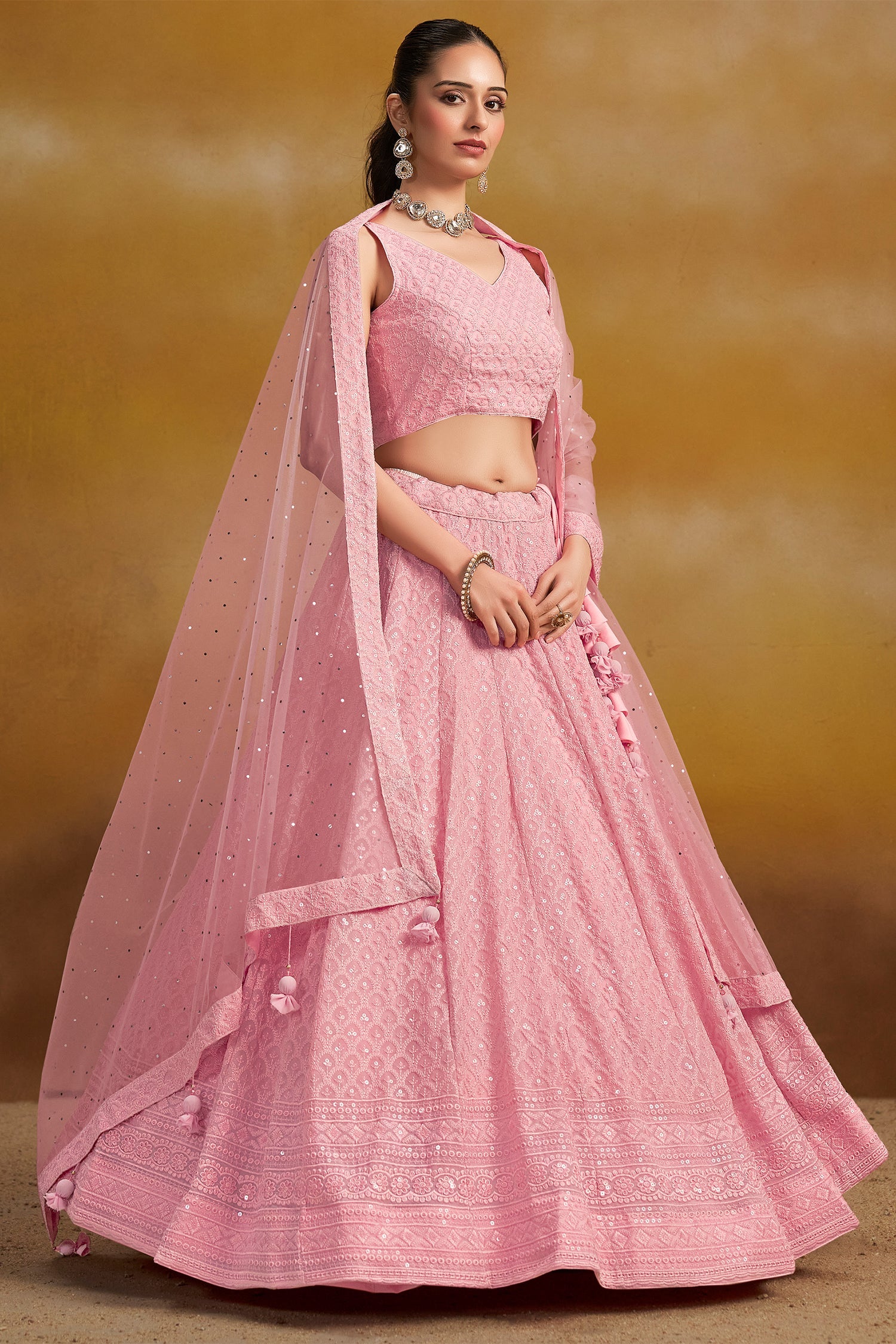 Light Pink Georgette Sequin Embroidered Lehenga