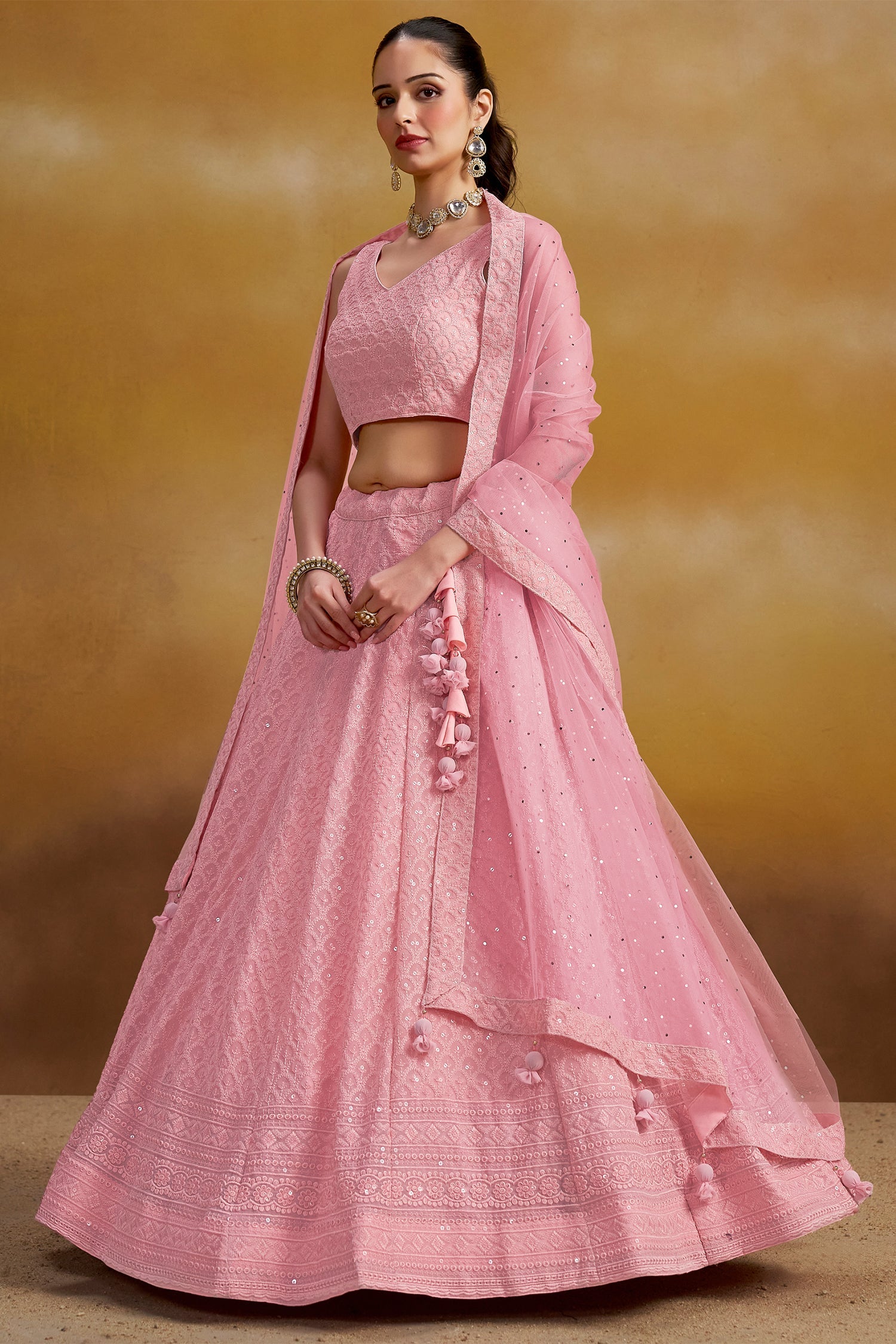 Light Pink Georgette Sequin Embroidered Lehenga