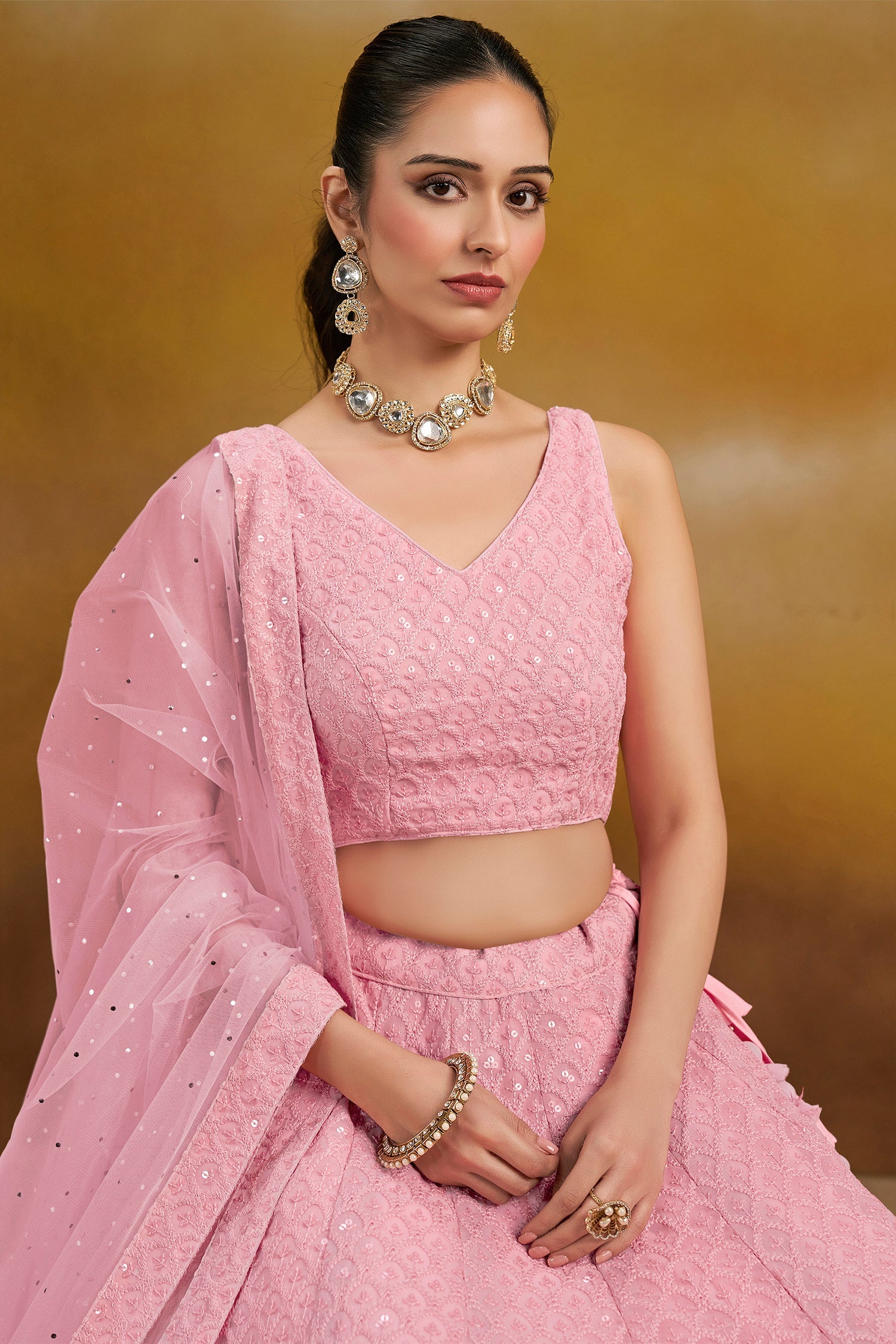 Light Pink Georgette Sequin Embroidered Lehenga