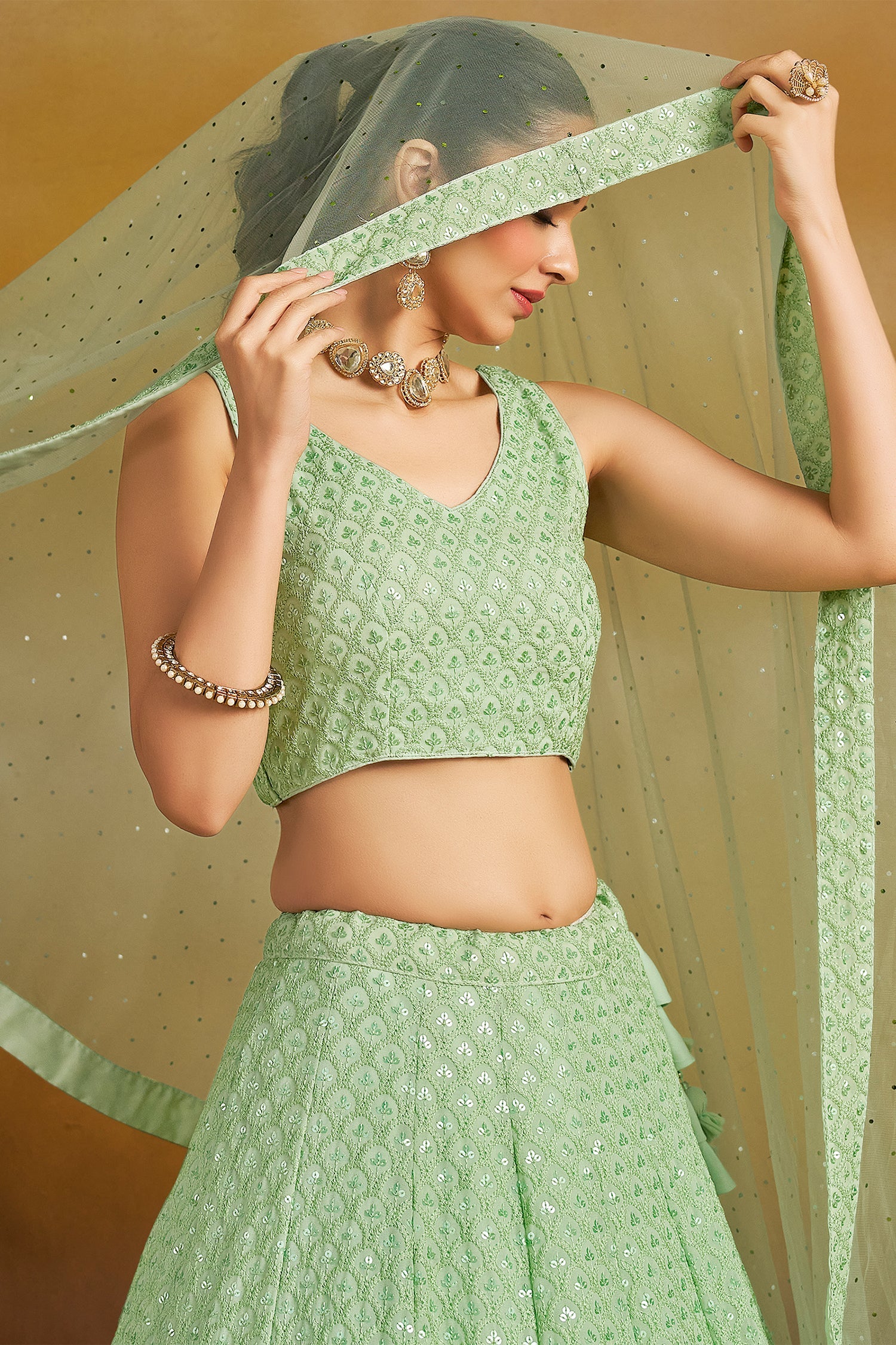 Light Green Georgette Sequin Embroidered Lehenga
