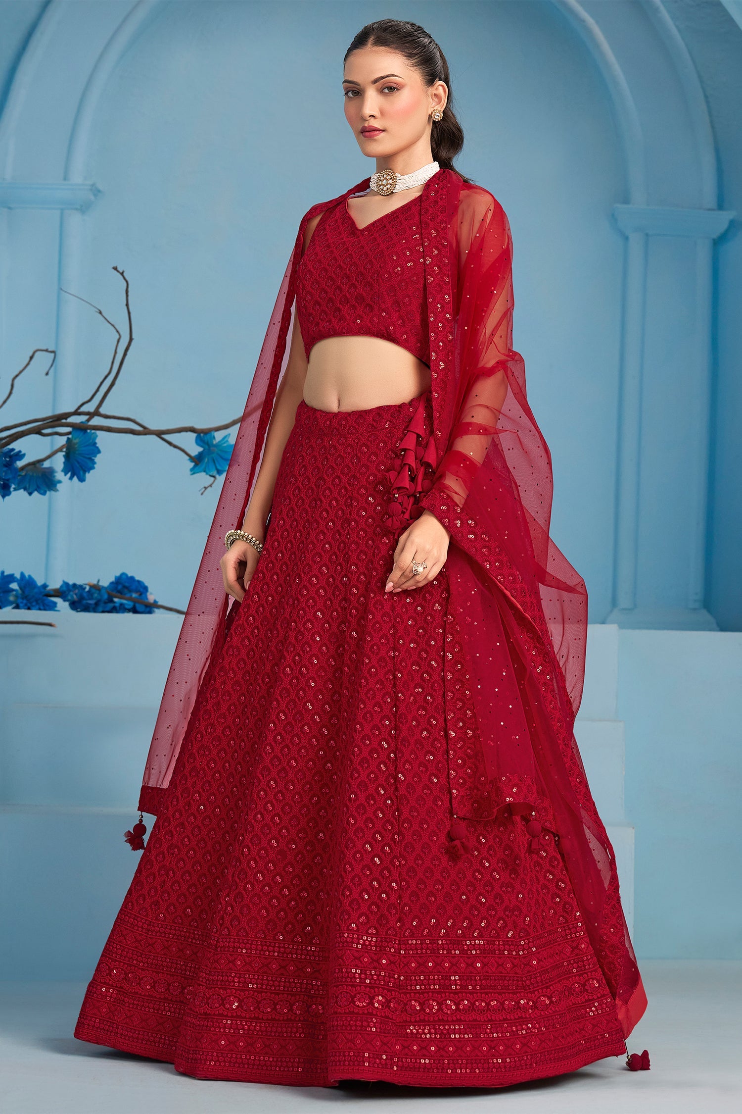Red Georgette Sequin Embroidered Lehenga