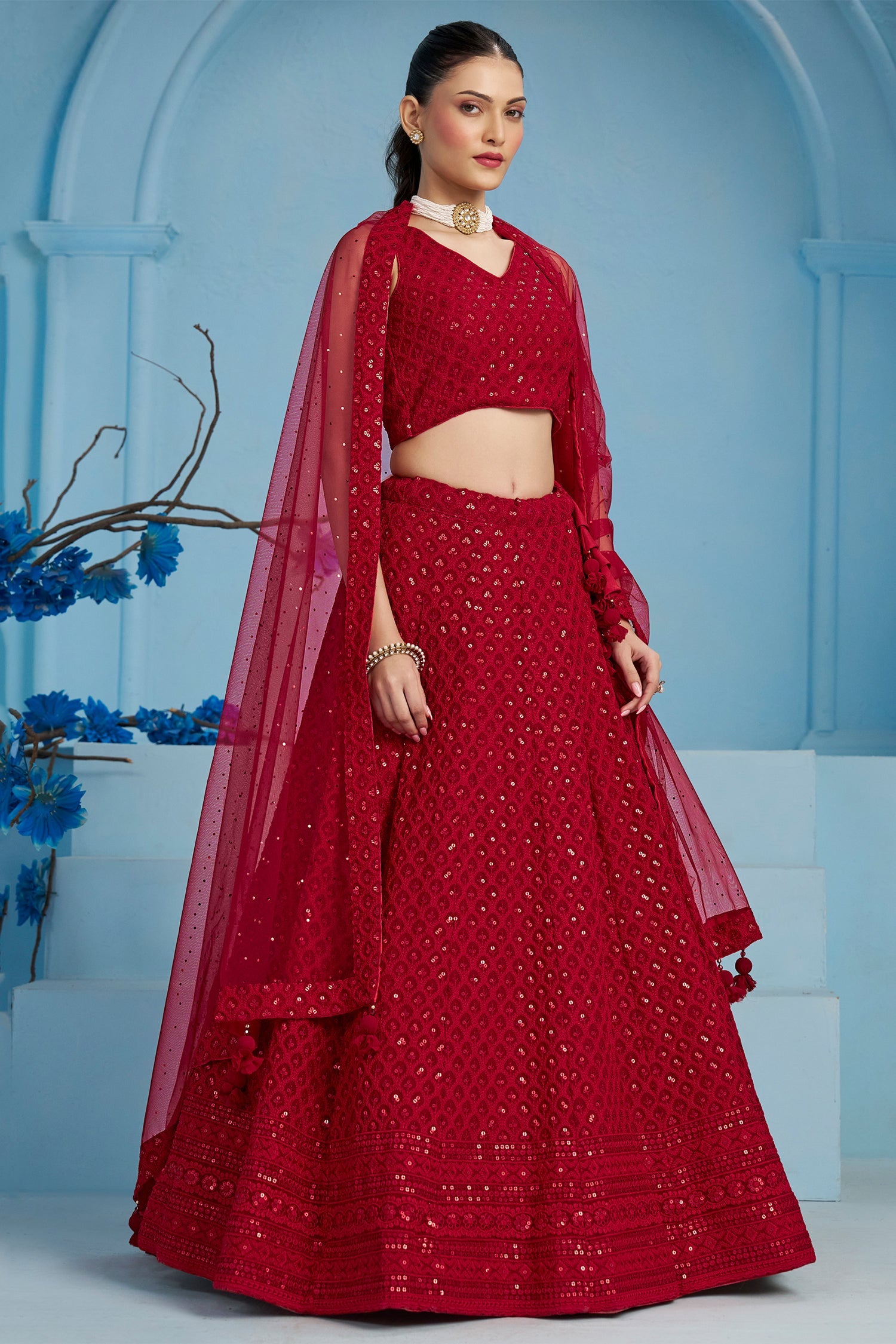 Red Georgette Sequin Embroidered Lehenga