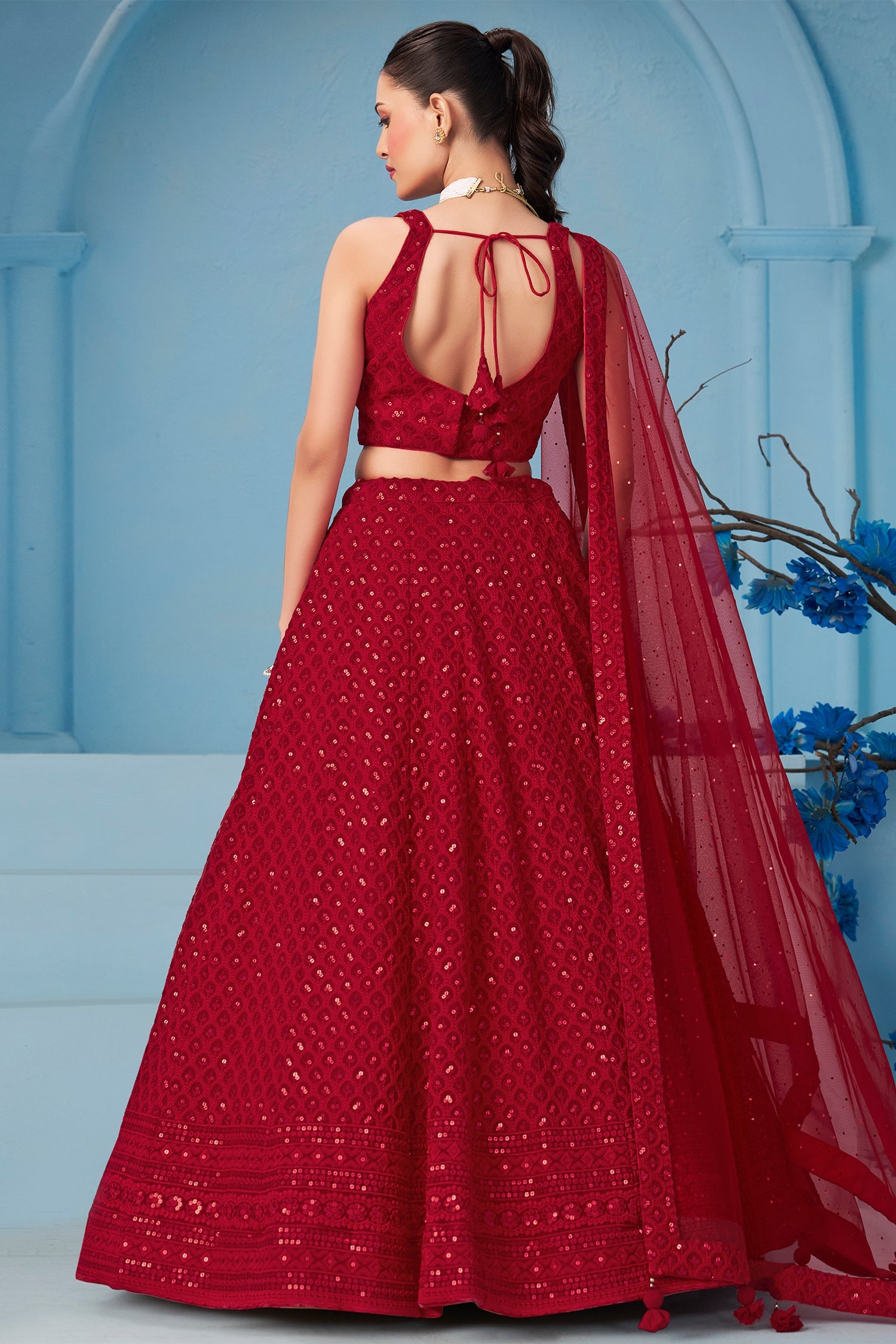 Red Georgette Sequin Embroidered Lehenga