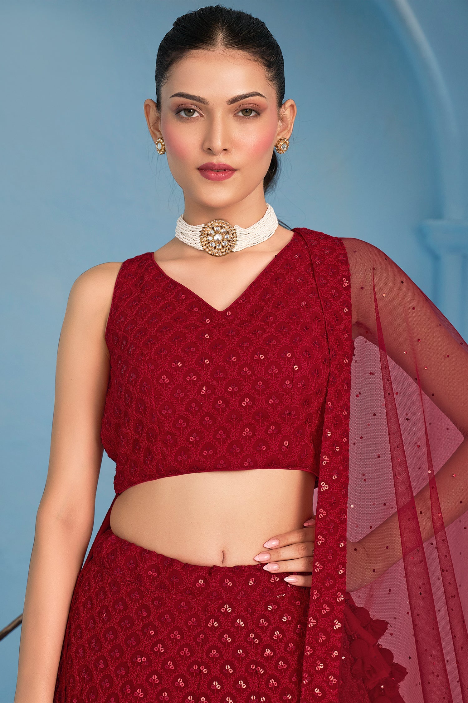Red Georgette Sequin Embroidered Lehenga