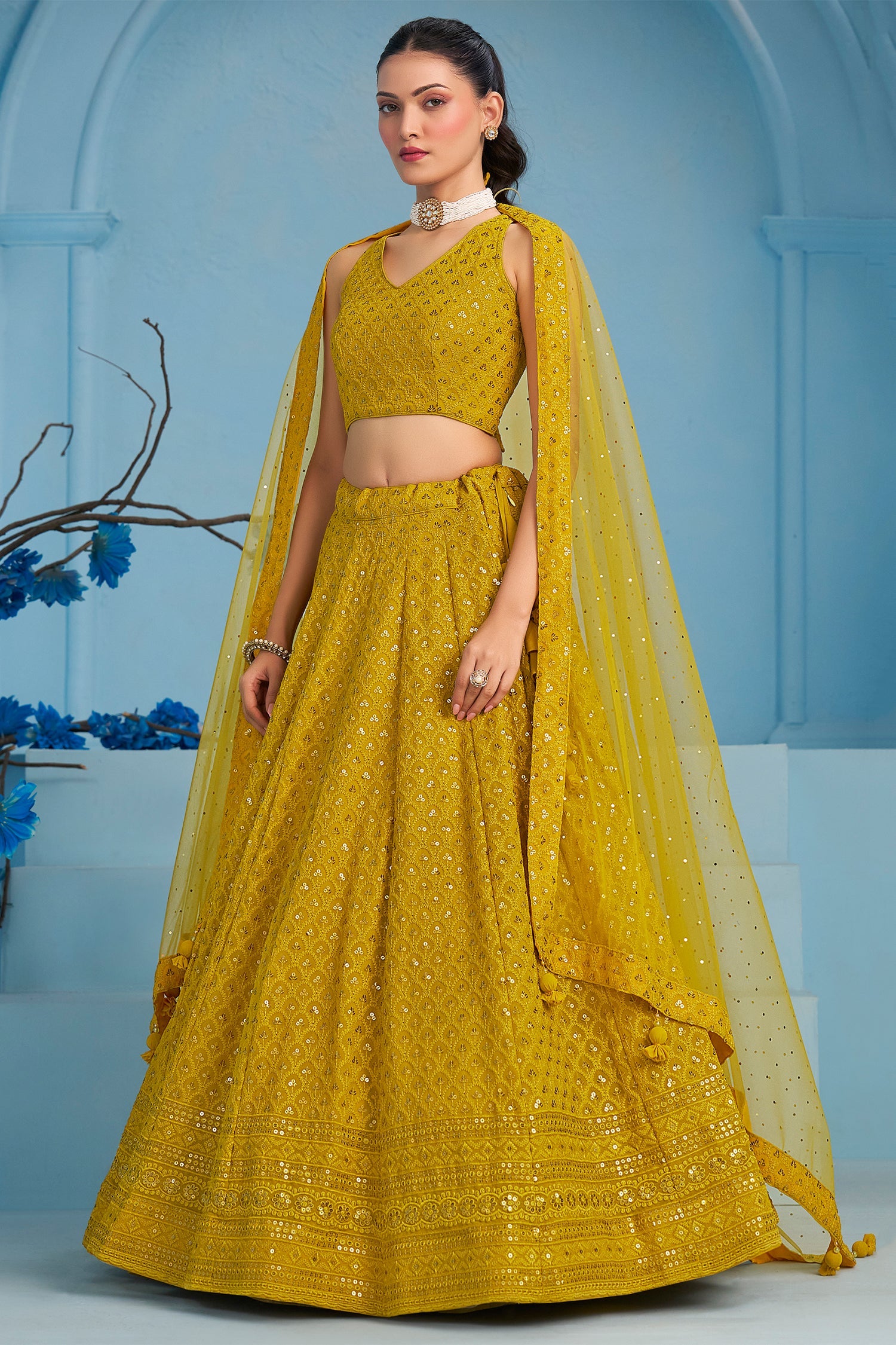 Yellow Georgette Sequin Embroidered Lehenga