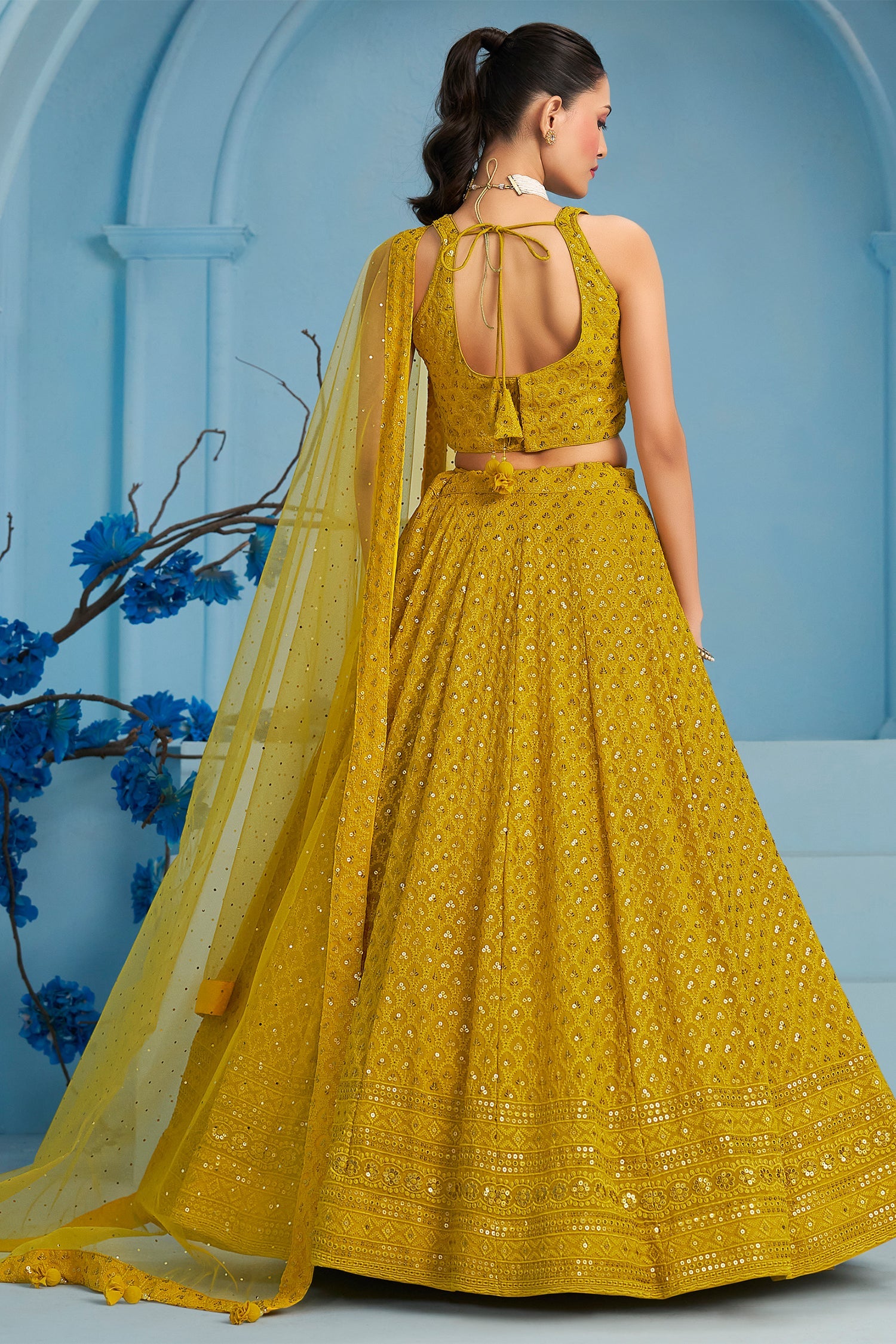 Yellow Georgette Sequin Embroidered Lehenga