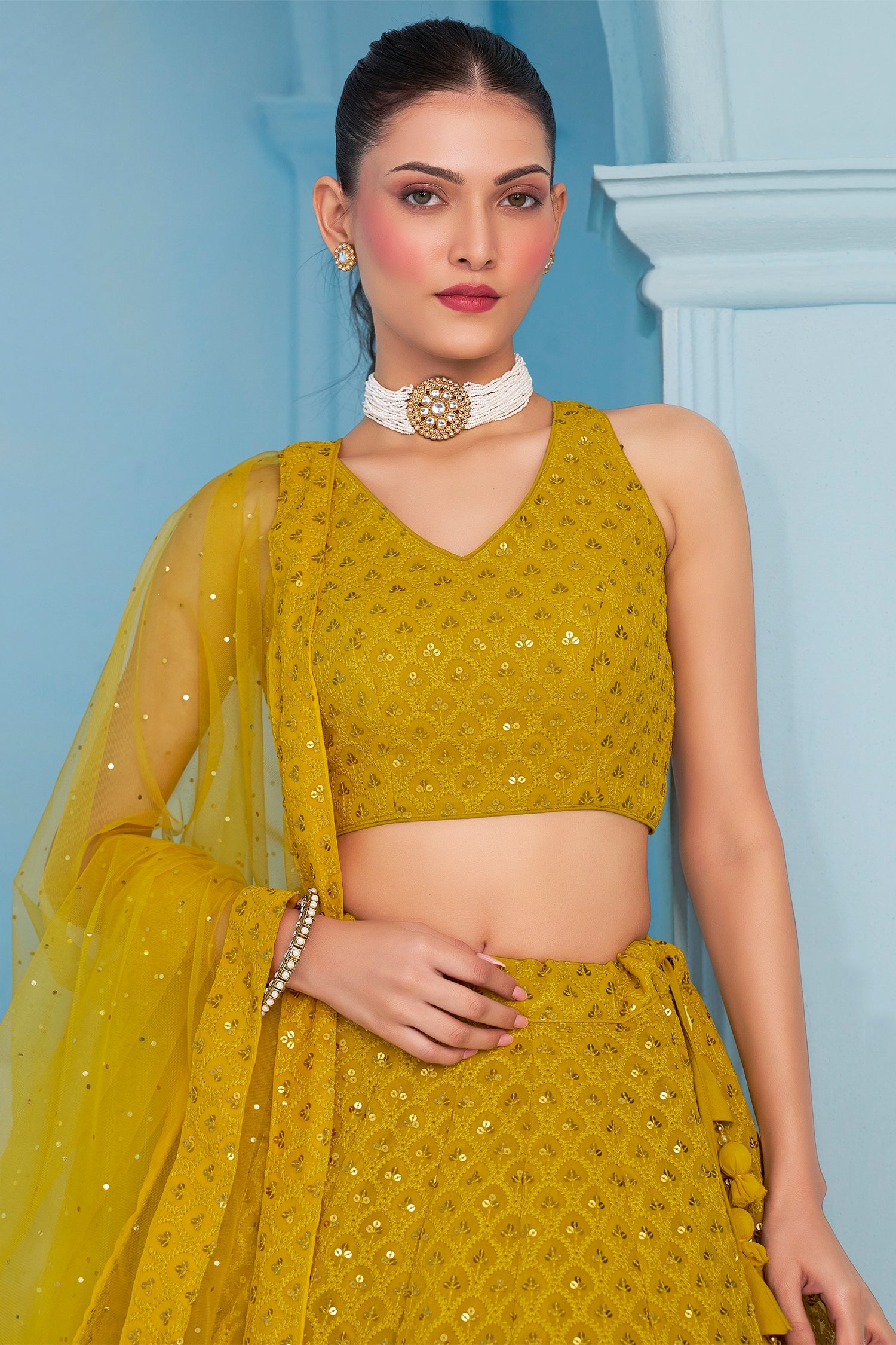 Yellow Georgette Sequin Embroidered Lehenga