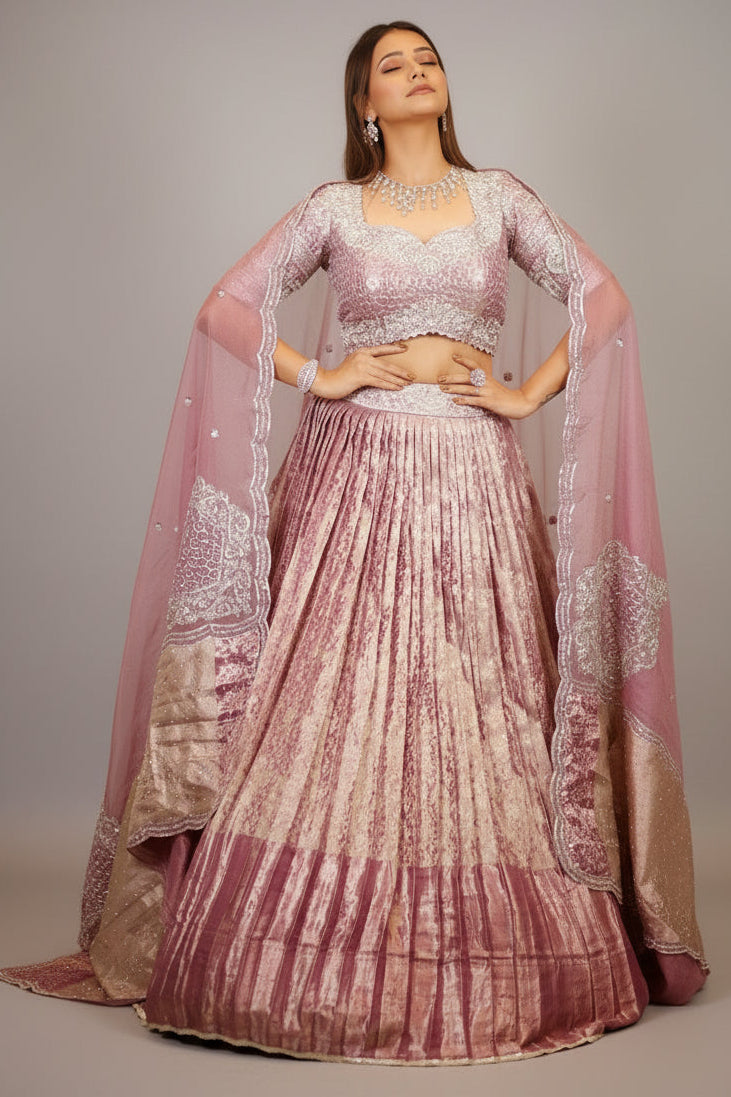 Dusty Mauve Tissue Pleated Lehenga - saree Main image