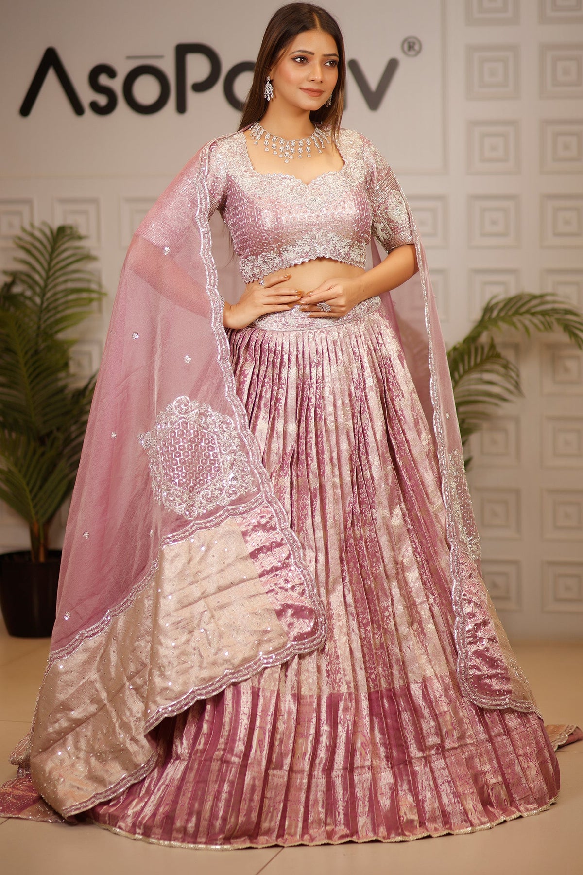 Dusty Mauve Tissue Pleated Lehenga - saree