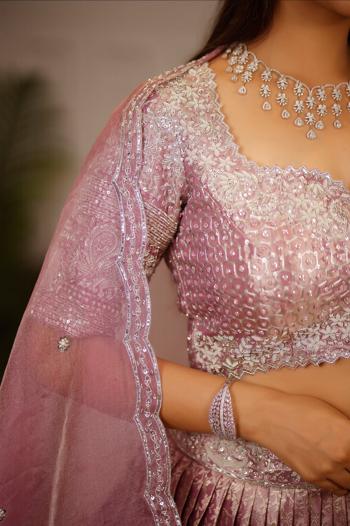 Dusty Mauve Tissue Pleated Lehenga - saree