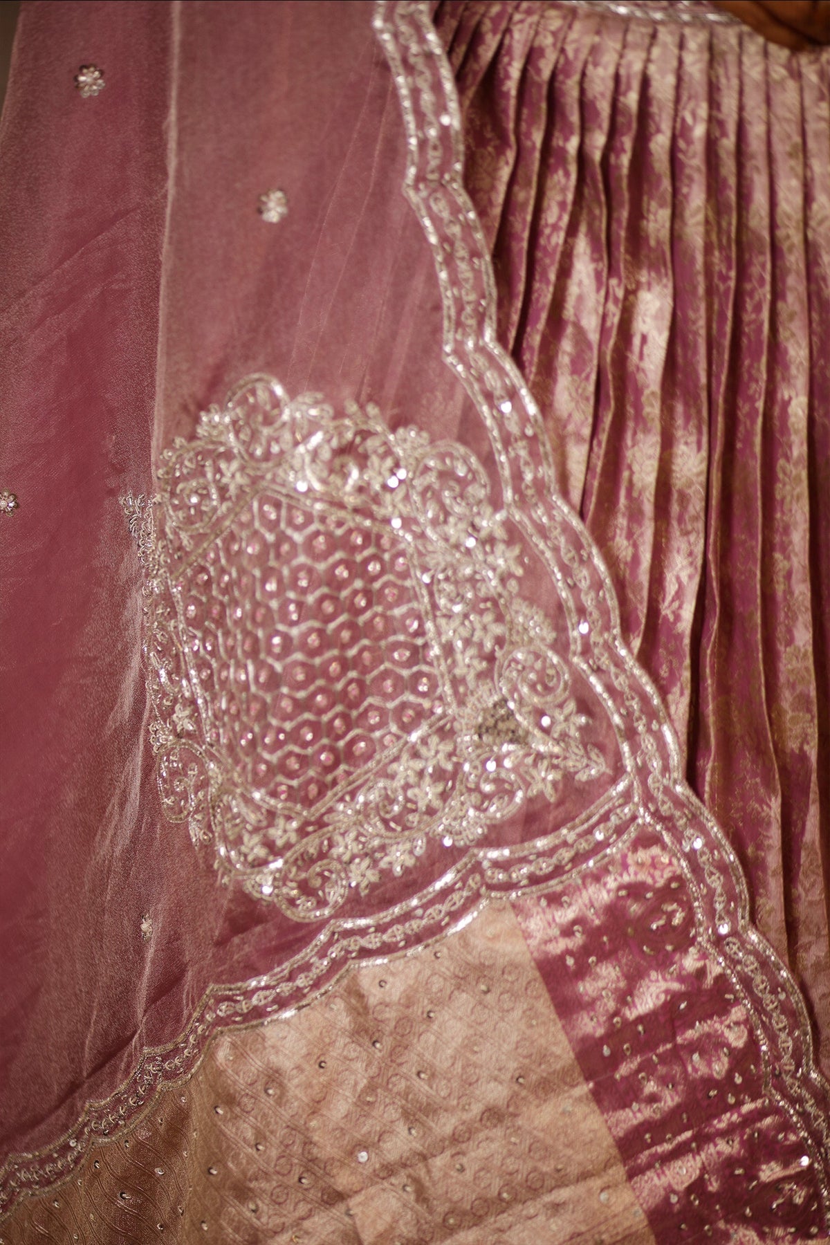Dusty Mauve Tissue Pleated Lehenga - saree