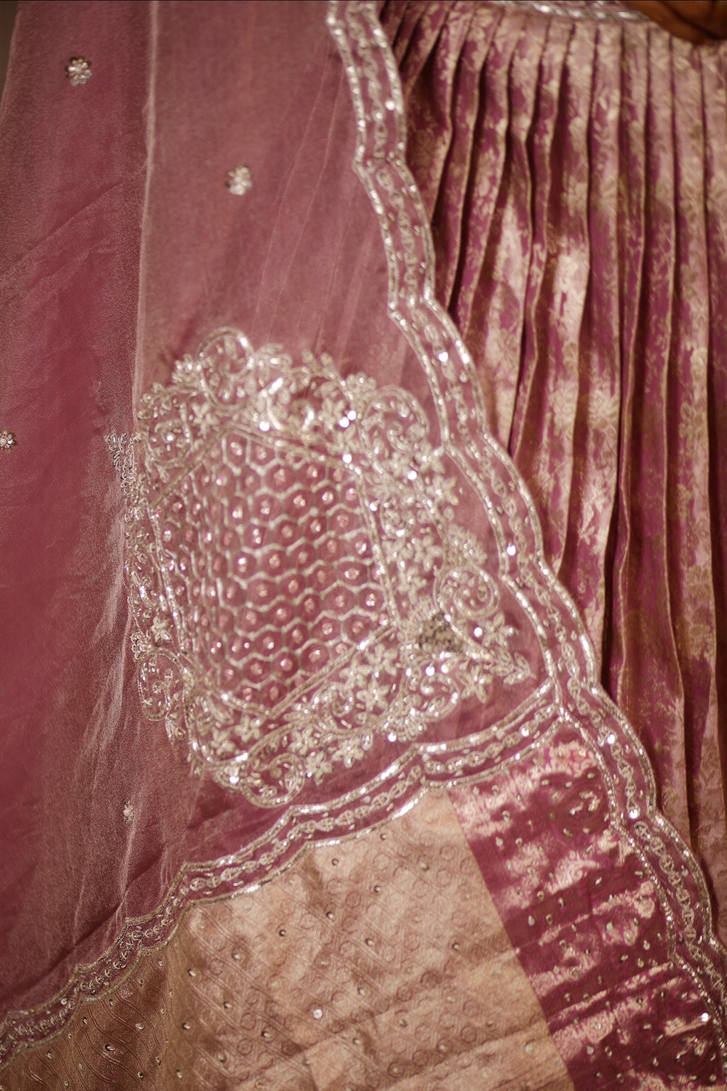 Dusty Mauve Tissue Pleated Lehenga - saree