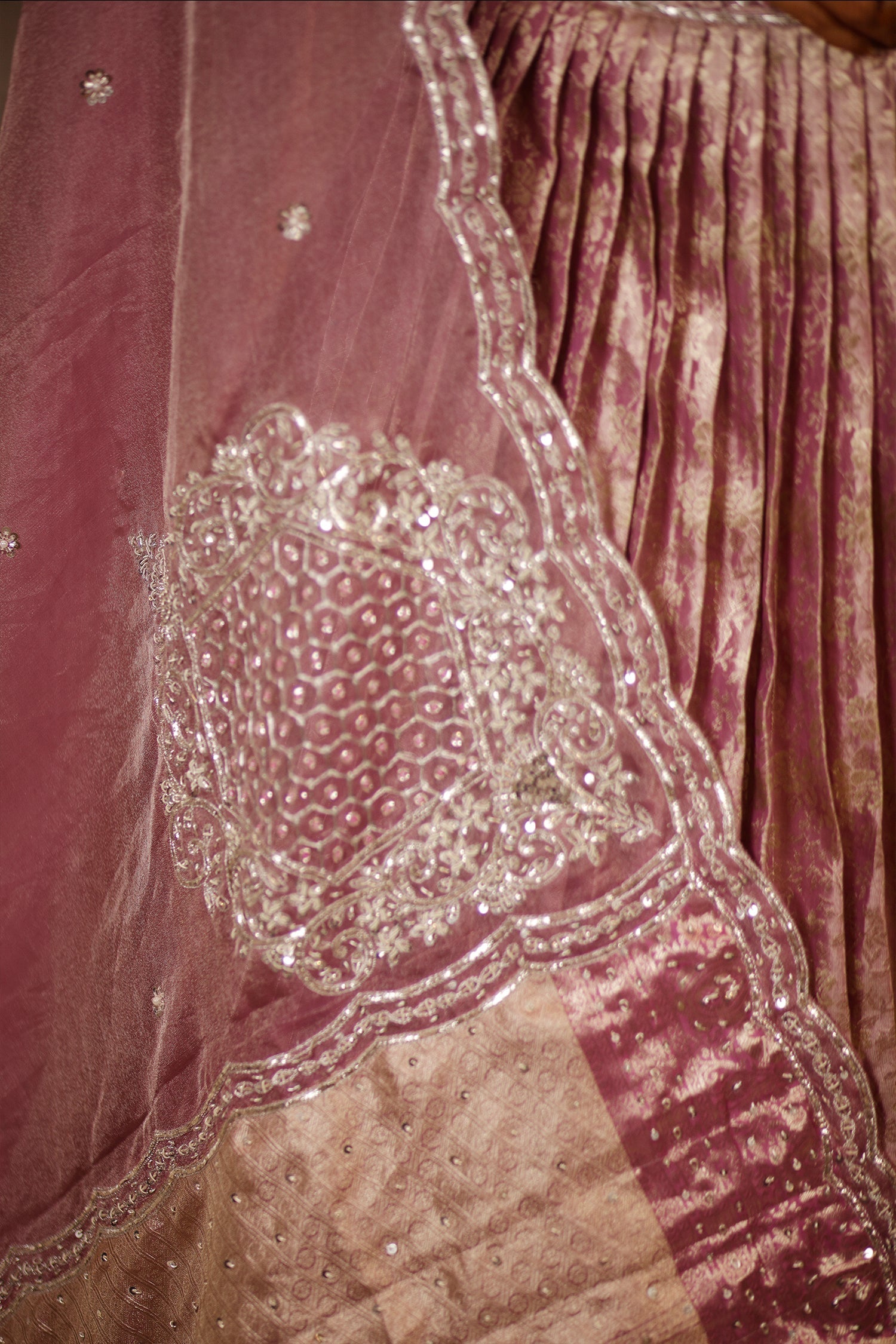Dusty Mauve Tissue Pleated Lehenga - saree