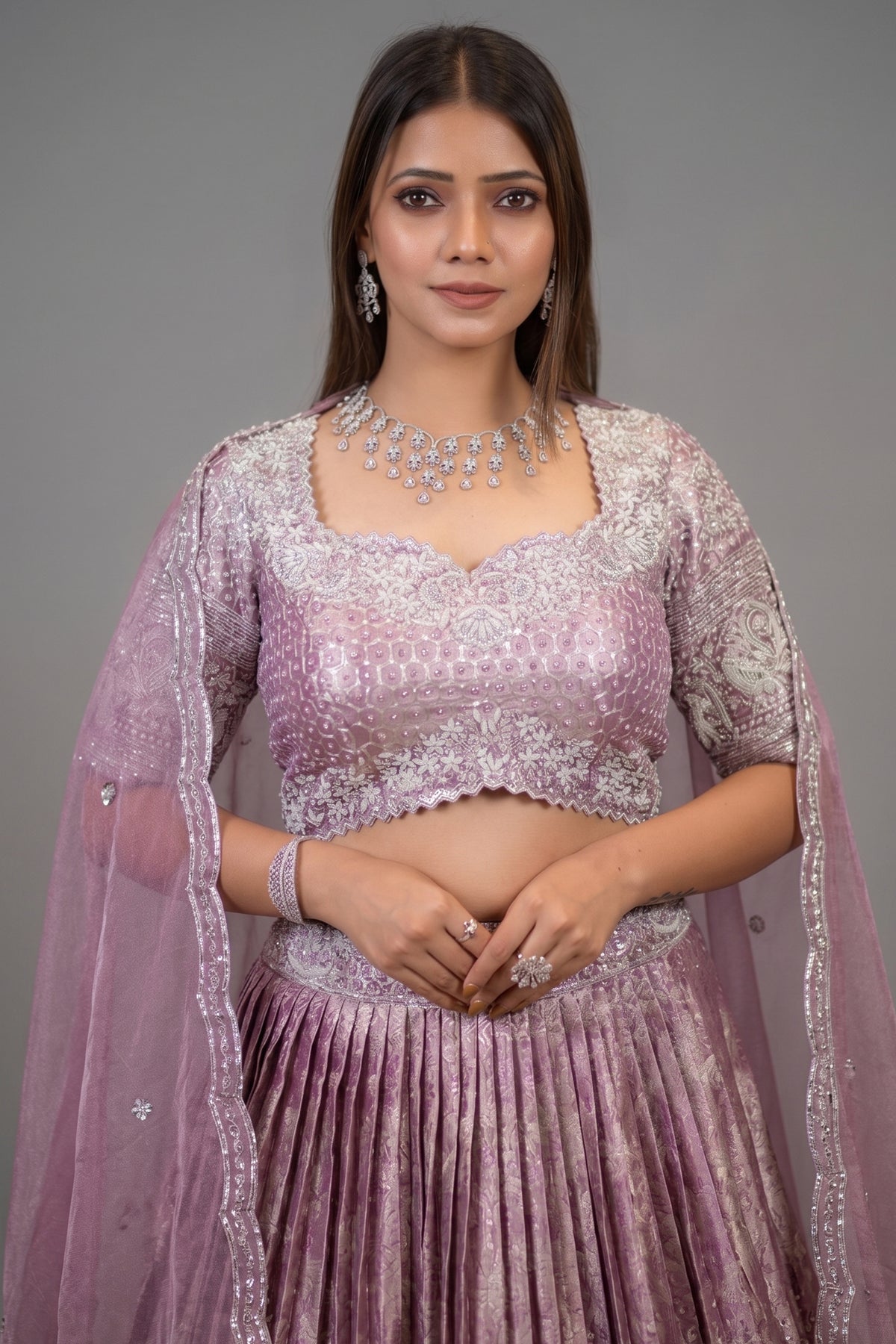 Dusty Mauve Tissue Pleated Lehenga - saree