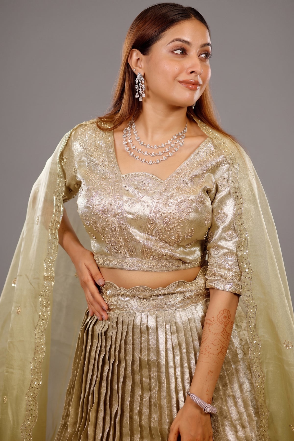Pista Green Tissue Pleated Lehenga - green saree